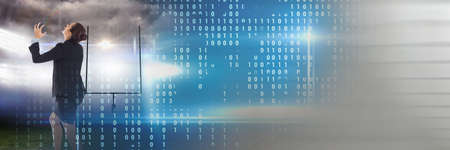 Blurred effect with copy space against caucasian frustrated businesswoman and rugby field. business and technology conceptの写真素材