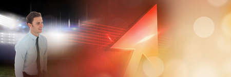 Blurred effect with copy space against caucasian businessman and multiple red arrows. business technology conceptの写真素材