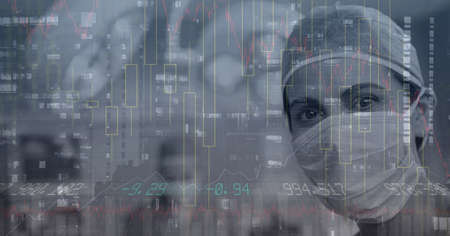 Composite image of financial data processing against caucasian female surgeon wearing surgical mask. global finance and healthcare conceptの写真素材