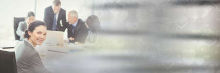 Blur effect with copy space against portrait of caucasian senior businesswoman smiling at office....