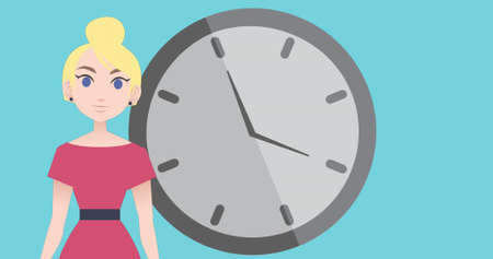 Image of woman talking over clock icon. national mentoring month and celebration concept digitally generated image.の写真素材
