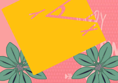 Composition of yellow card with copy space and plants on pink background. summer and nature concept...