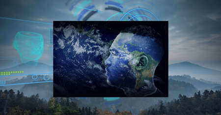 Composition of globe on man&#39;s face over scope scanning on nature landscape. global environment, networking and connections concept digitally generated image.の写真素材