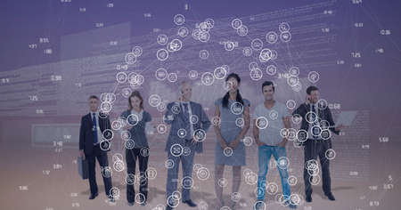 Composition of network of connections with digital icons over business people. global online...