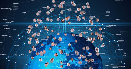 Composition of network of connections with text and people's photographs over globe. global...