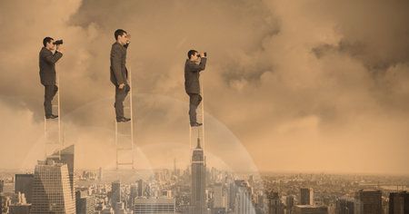 Composition of three caucasian businessmen on ladder looking through binoculars over cityscape....