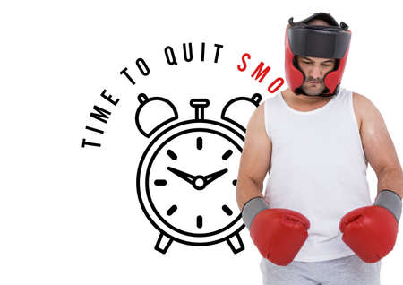 Caucasian male boxer against clock icon with time to quit smoking text on white background. sports and fitness conceptの写真素材