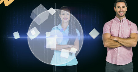 Scope scanning over portrait of caucasian couple with arms crossed standing against blue background. technology conceptの写真素材