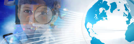 Light trails, globe and indian school boy against blue background. business technology and education...
