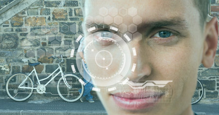 Digital interface with data processing over portrait of caucasian man against bicycle on the street....