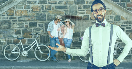 Data processing over caucasian businessman against caucasian couple with bicycle on the street....