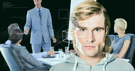 Data processing over caucasian man against group of diverse businesspeople discussing together. business and technology conceptの写真素材