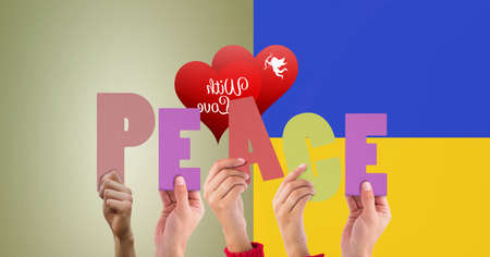 Multiple hands holding peace text banner with red heart icon against ukraine flag background....