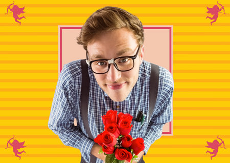 Portrait of caucasian man holding bunch of roses against banner with copy space on yellow...