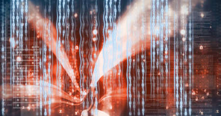 Digital wave over binary coding data processing on orange background. cyber security and technology conceptの写真素材