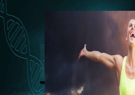 Caucasian female athlete celebrating against dna structure and copy space on green background....