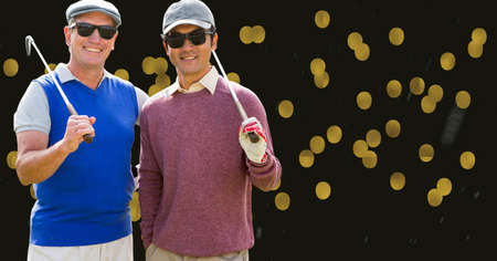Two diverse male golf players against golden spots of light on black background with copy space....