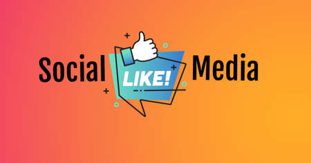 Illustration of social media and like text with thumbs up icon on orange background, copy space. digitally generated, icon, social media, marketing, advertisement.の写真素材