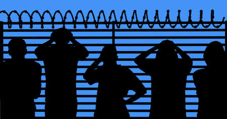 Illustration of silhouette male and female refugees with head in hands standing by fence against...