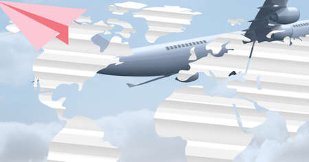 Digital composite of pink paper plane with map and airplane flying against blue sky, copy pace. art, transportation, guidance, aviation, patriotism, celebration and awareness concept.の写真素材
