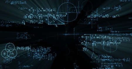 Digitally generated of math formulas on blackboardの写真素材
