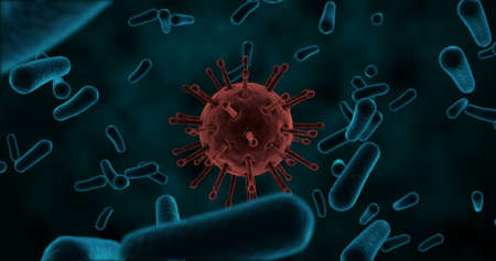 Close-up of digitally generated virus cells and bacteria against brown background