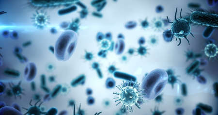 Close-up of digitally generated virus cells, red blood cells and bacteria against blue background