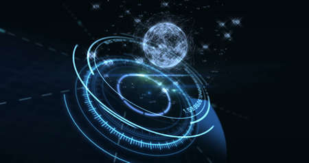 Digitally generated planet earth and global communication concept  against black backgroundの写真素材