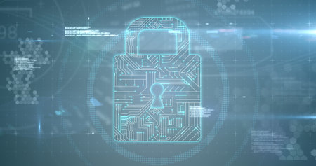 Close-up of futuristic padlock against digitally generated background