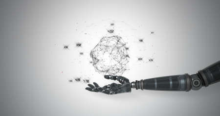 Digitally generated image of robotic hand presenting polygon structure against white background