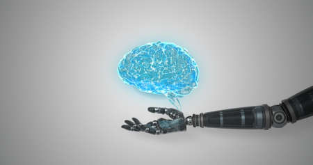 Digitally generated robotic hand presenting digital human brainの写真素材
