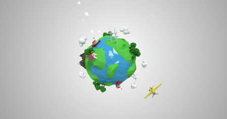 Digitally generated of aircraft traveling around the world against grey backgroundの写真素材