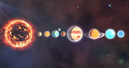 Digitally generated image of solar system with sun and planets in a rowの写真素材