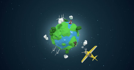 Digitally generated of aircraft traveling around the world against galaxy backgroundの写真素材
