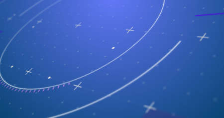 Image of scope scanning and media icon on blue background. social media and communication interface...