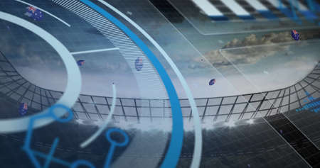 Image of scope scanning over rugby balls coloured with australia flag at stadium. sport and social media concept digitally generated image.の写真素材