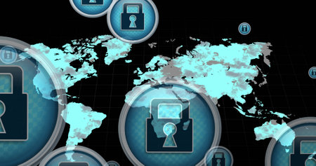 Image of world map and media icons on black background. social media and communication interface...