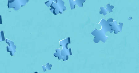 Image of blue puzzle pieces falling over in blue spinning stripes on blue background. national puzzle day and games concept digitally generated concept.の写真素材