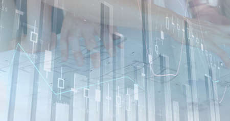 Digital composite of a team discussing ideas while graphs move in the foreground