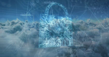 Digital composite of a circuit board with a lock and a sky filled with connected lines