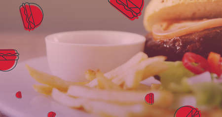 Image of burgers floating over fast food. american cuisine and fast food concept digitally generated...