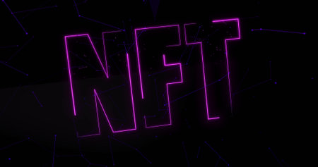 Image of purple nft text over black background. global network, digital resources, technology and digital interface concept digitally generated image.の写真素材
