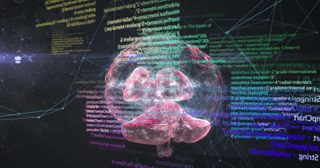 Image of digital brain and data processing on black background. global technology and digital...
