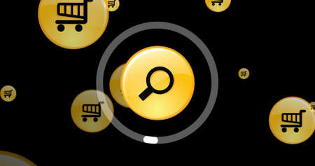 Image of falling icons over black background. global connections, business, digital interface, technology and networking concept digitally generated image.の写真素材