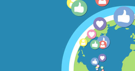 Image of social media reactions floating over globe on blue background. global social media,...