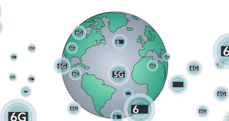 Image of 6g floating over globe on white background. global social media, connections and data...