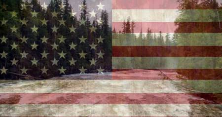 Digital composite of forest with river against animated american flag backgroundの写真素材