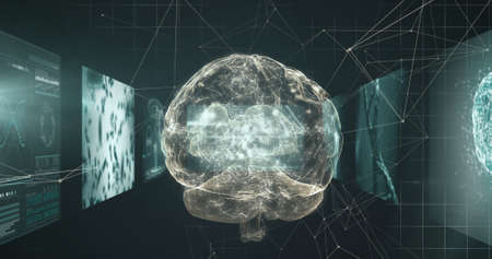 Image of digital brain and data processing on black background. global technology and digital...