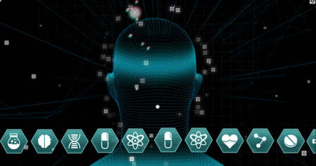 Image of digital head and medical icons on black background. global technology and digital interface...