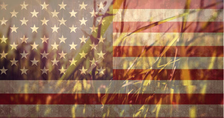 Digital composite of crops rustling in the wind on a sunny day against american flag image